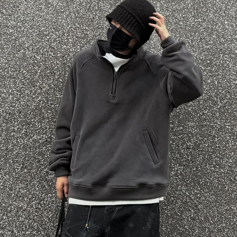 American Style Autumn and Winter Heavy Zipper Stand Collar Sweatshirt O'Free Jacket High Street Long Sleeve Large Size Loose Sweatshirt Men