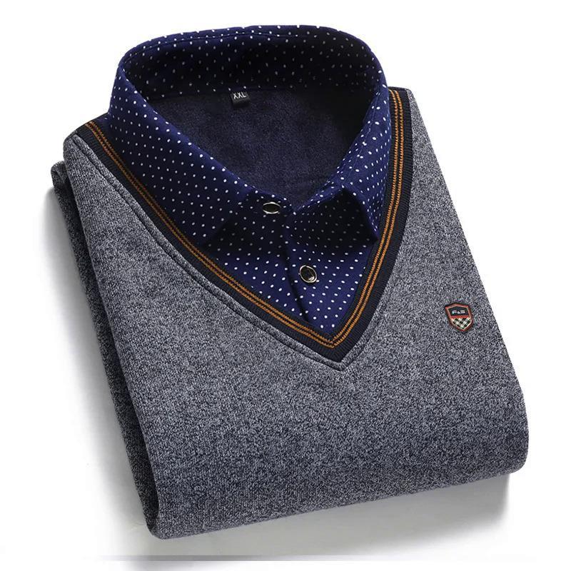 

Мужской свитер на флисовой подкладке, осенне-зимний пуловер с воротником поло, имитация двух предметов, теплый топ, повседневный трикотаж XL