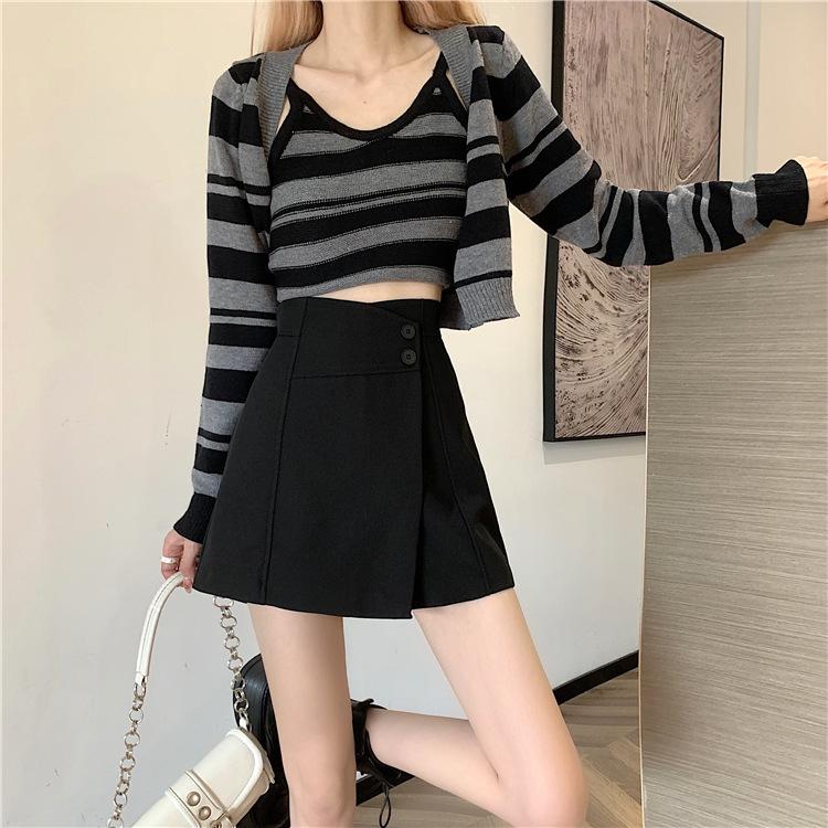 Damen Herbst Schwarzer Anzug Lässig Alleskönner Vielseitig Rock-Hose College-Stil Hoch tailliert Schlankmachend A-Linie Trendig Weiter Bein Hosen