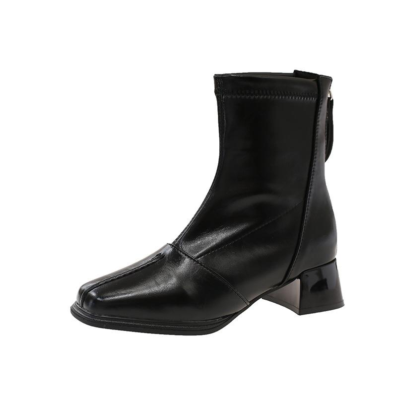 Korean version thick heel square head short boots women's boots autumn and winter Chelsea boots French retro brown leather boots thin boots