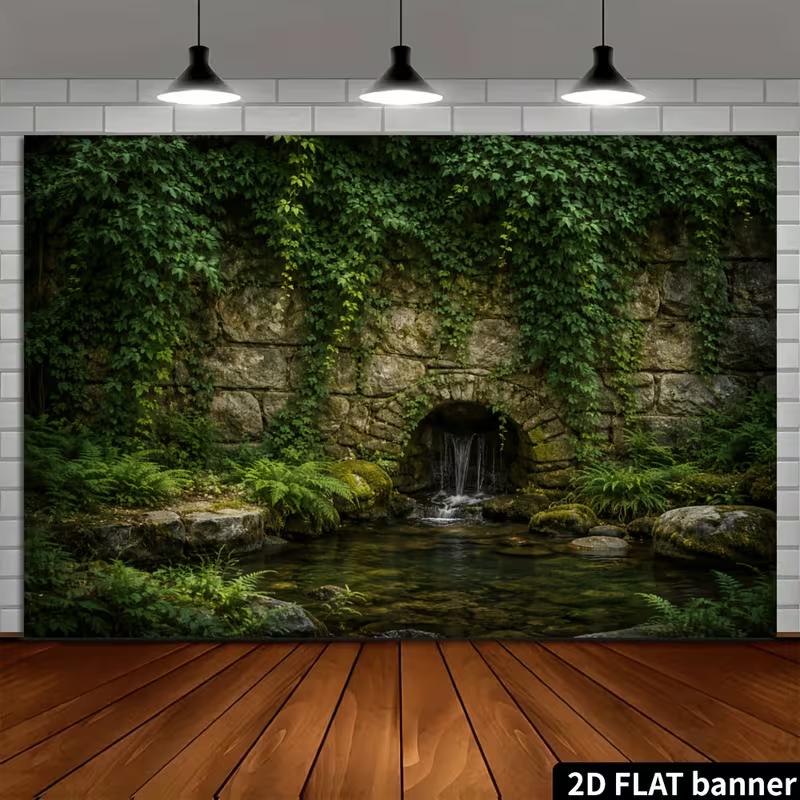 2D Vintage Garden Banner with Mossy Rocks and Ferns Photo Booth Background Cloth