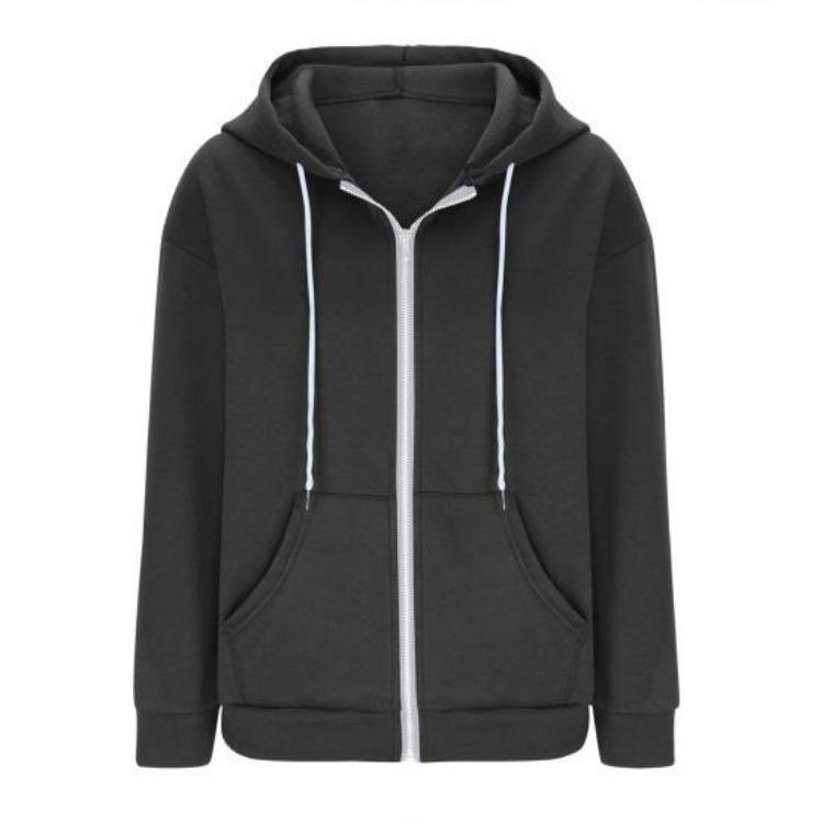 Women Loose Sport Hoodie Autumn Spring Coat with Hood Drawstring Long Sleeves Pockets Zip Up Elastic Cuff Hem