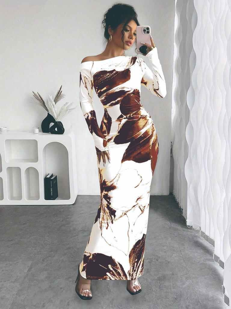 2026 One-Shoulder White Floral Slim-Fit Maxi Dress for Women