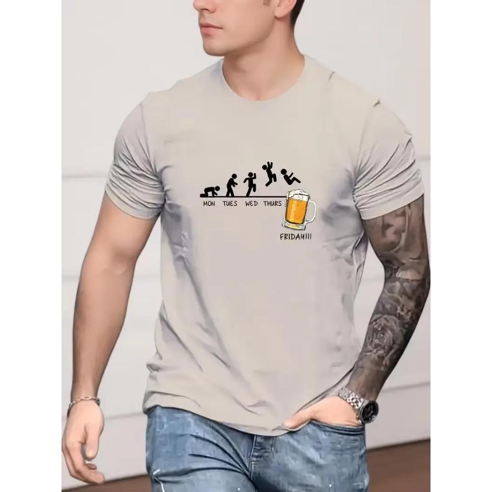 Jumping in Beer Print T-shirt, Men's Casual Street Style Stretch Round Neck Tee Shirt for Summer