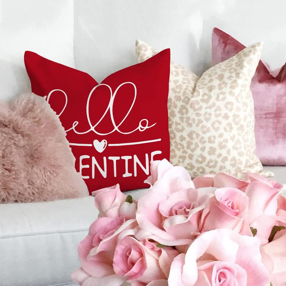 GEEORY Valentines Day Pillow Covers 18x18 Set of 4 Valentines Day Decor Polka Dot Red Love Heart Truck Hello Valentine Pillows Decorative Throw