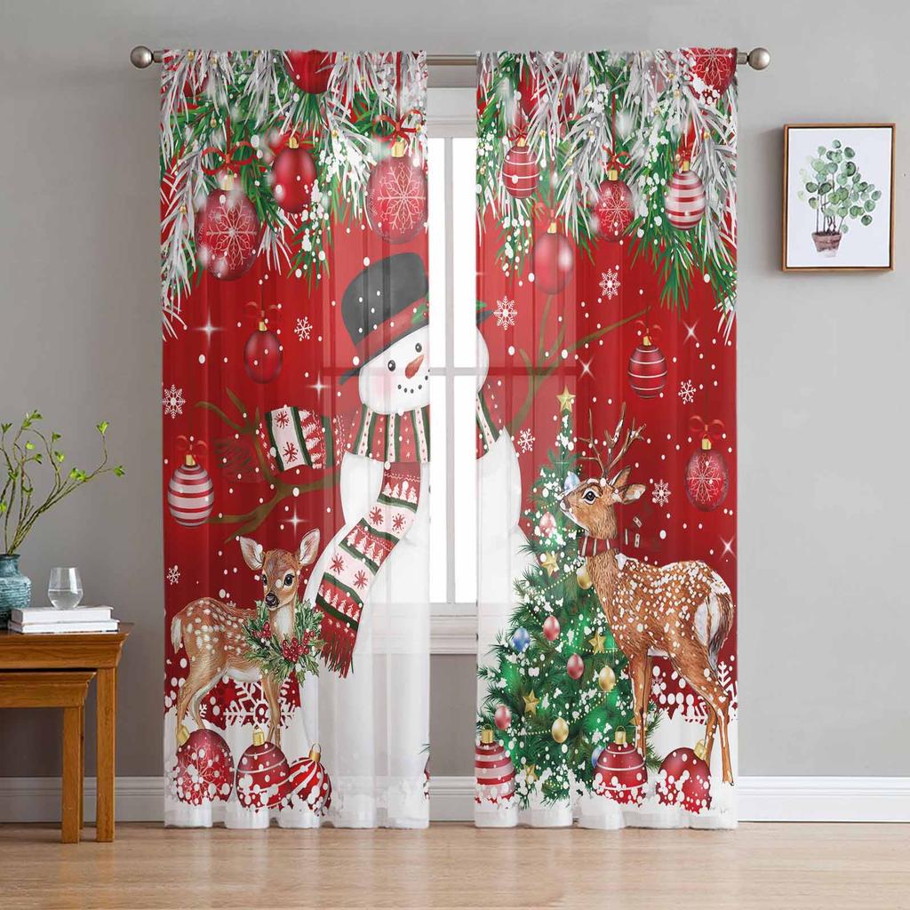 Christmas Ball Snowman Elk Christmas Tree Red Sheer Curtains Living Room Decoration Window Curtains Kitchen Tulle Voile Curtains