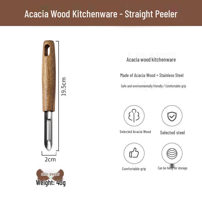 Acacia Wood Kitchen Gadget Set: Peeler, Can Opener, Egg Beater, Pizza Cutter, Cheese Shovel