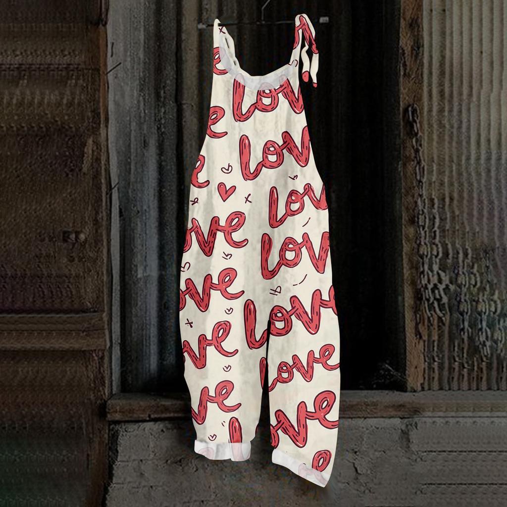 Damen Herzförmiger bedruckter lässiger lockerer Retro-Overall Baumwolle und Leinen Einteiler Hose