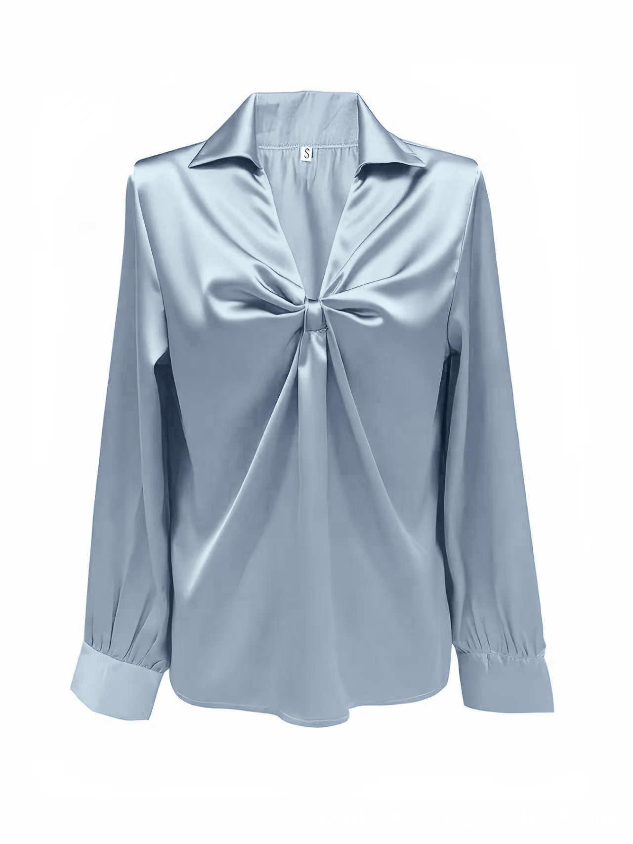 

Women s Blue Satin Knot Shirt: Drapey, Versatile, Retro Hong Kong Style, Long Sleeve Casual Top Large светло-синий