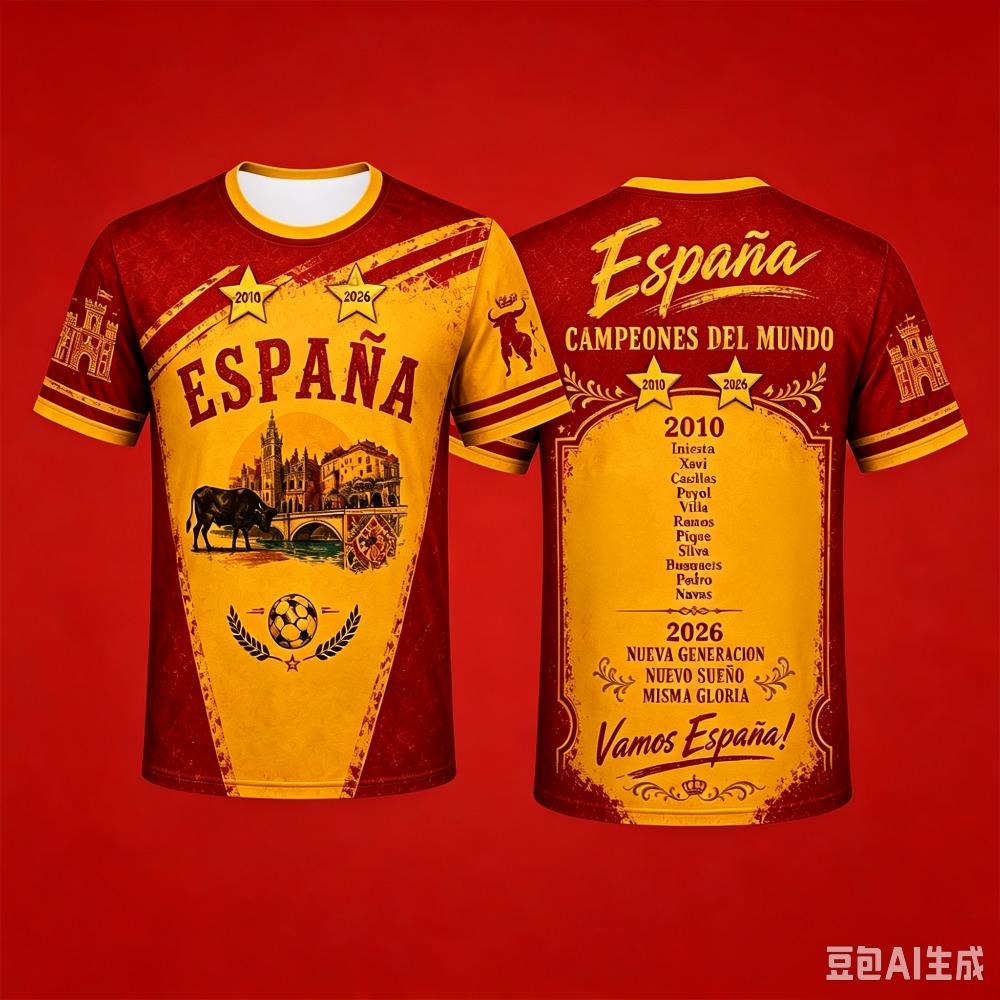 Men Two-Star Spain Commemorative Football Jersey Sports Tee