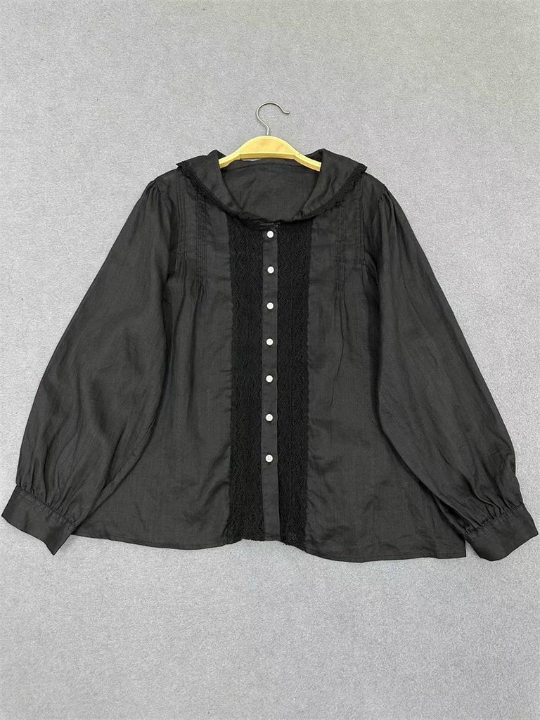 Johnature Japanese Navy Collar Lace Long-sleeved Shirts Women Summer Waist Tie Loose Versatile Tops