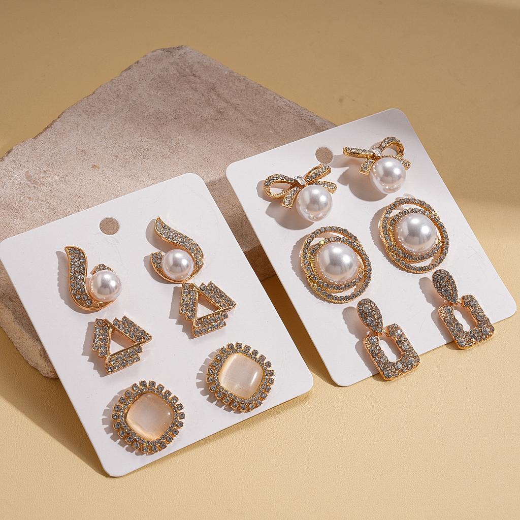 Twelve-piece set of diamond-set imitation pearl opal geometric silver needle stud earrings retro earrings