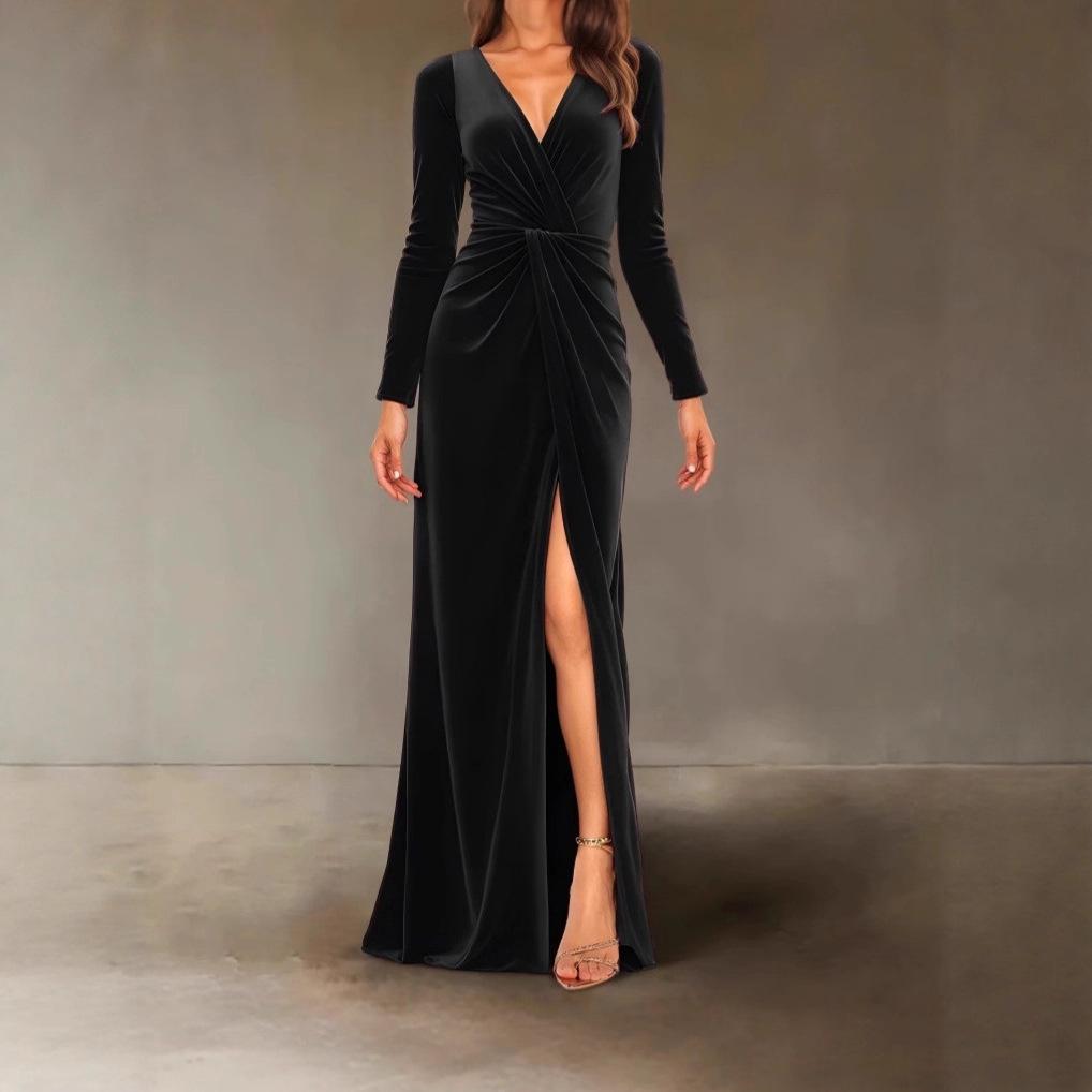 

2025 Autumn/Winter Women’s Korean Velvet V-Neck Pleated Bodycon Dress with Elegant Slit XL чорний