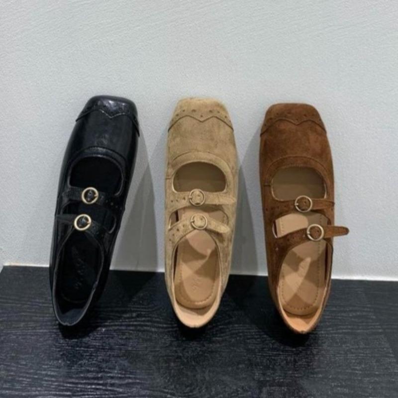 Klamra Pasek Buty na Niskim Obcasie Jesień Nowe Kwadratowy Nosek Płytki Dekolt Łączona Zamsz Antypoślizgowe Odporne na Ścieranie Buty Jednokolorowe