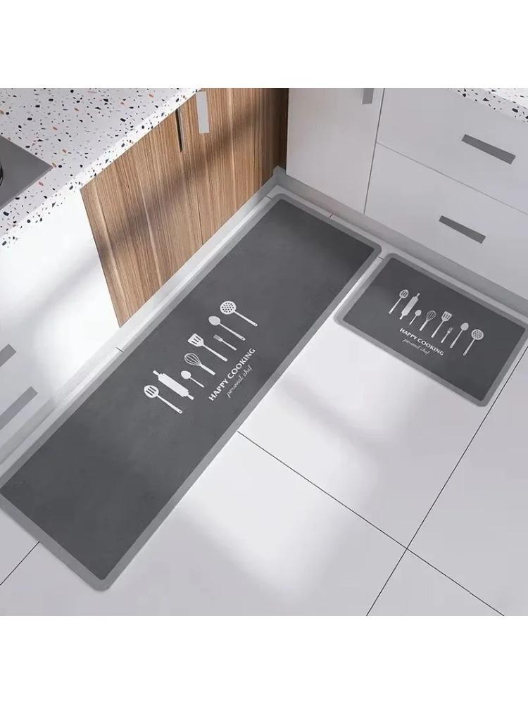 Japanese Style Kitchen Mat  Happy Cooking Kitchen Utensil Print Non Slip Waterproof Oilproof Kitchen Floor Rug Easy To Clean