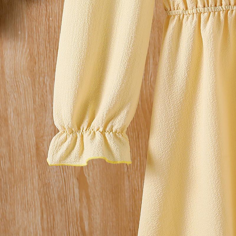 Girls' Yellow Dress: Fall Children's Square-Neck Elastic Waist Princess-Style Elegant Dress