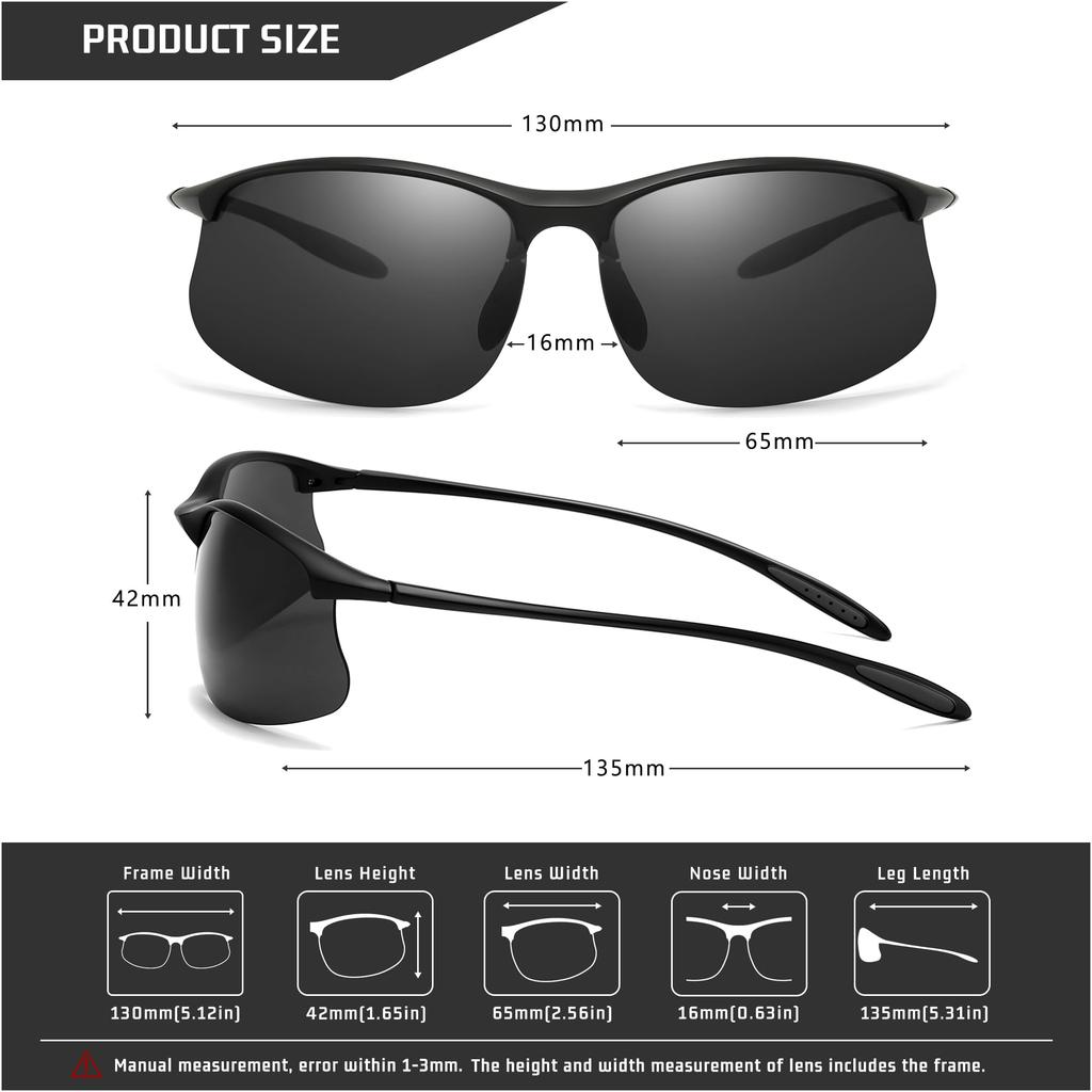 SUNGAIT Polarized Sports Sunglasses for Sunglasses with Fashionable UV Protection Men's Running, Unisex, Black, Men's Shades, (Black Frame/Gray Lens)