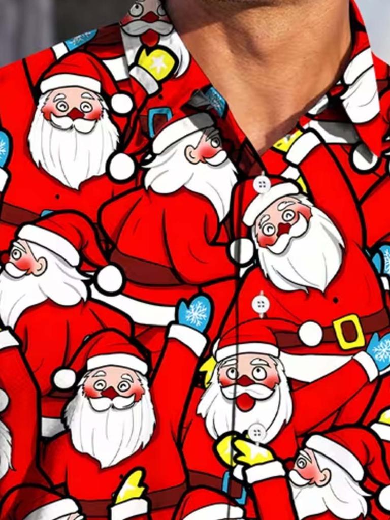 Christmas Season Men'S Cartoon Santa Claus Digital Print Short-Sleeve Collared Shirt, Versatile Top for Holiday Parties And Everyday Casual Wear