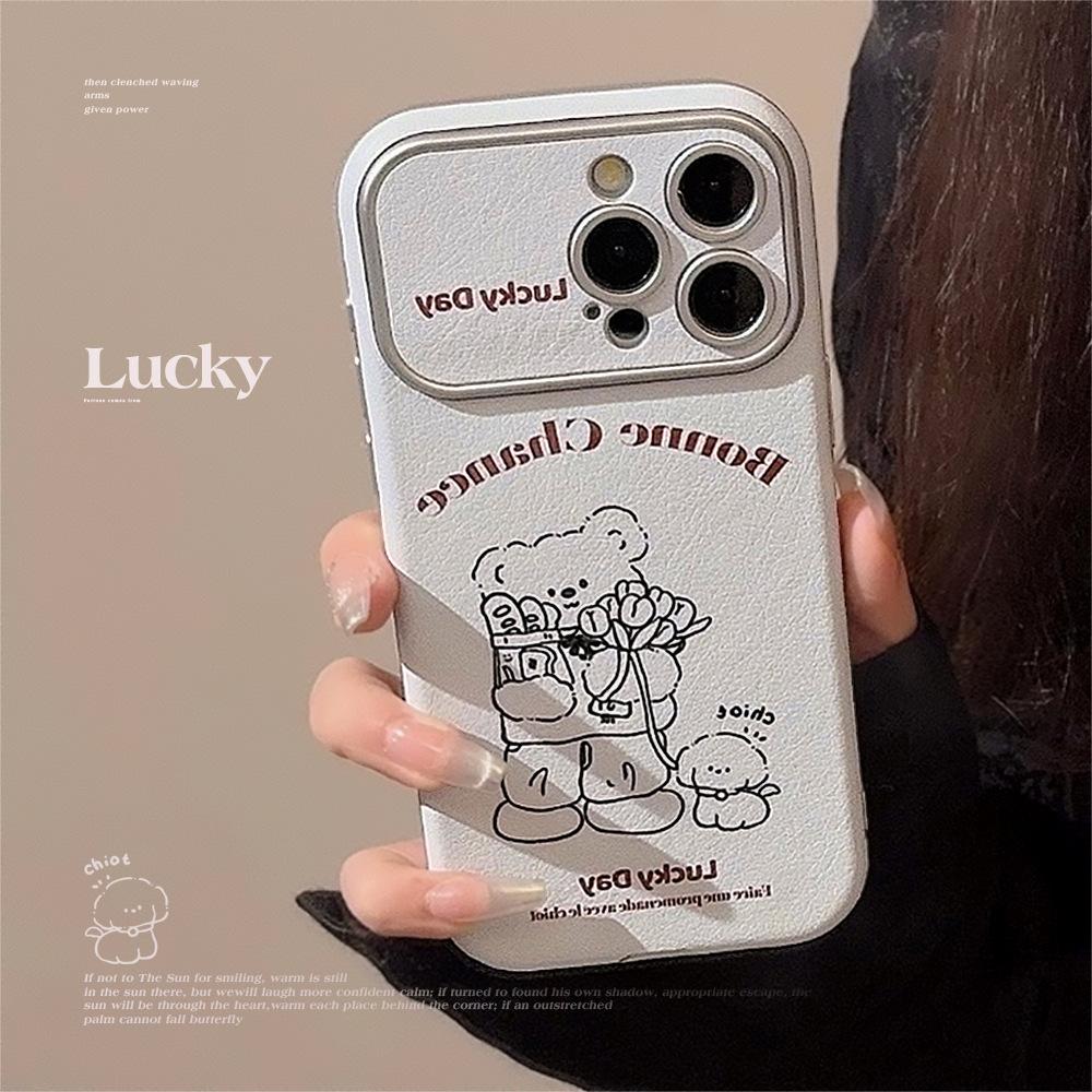 Korean Style Ins Leather Bear Suitable for IPhone14 Apple 16 Mobile Phone Case 15pro Max Super Cute 11 Fresh
