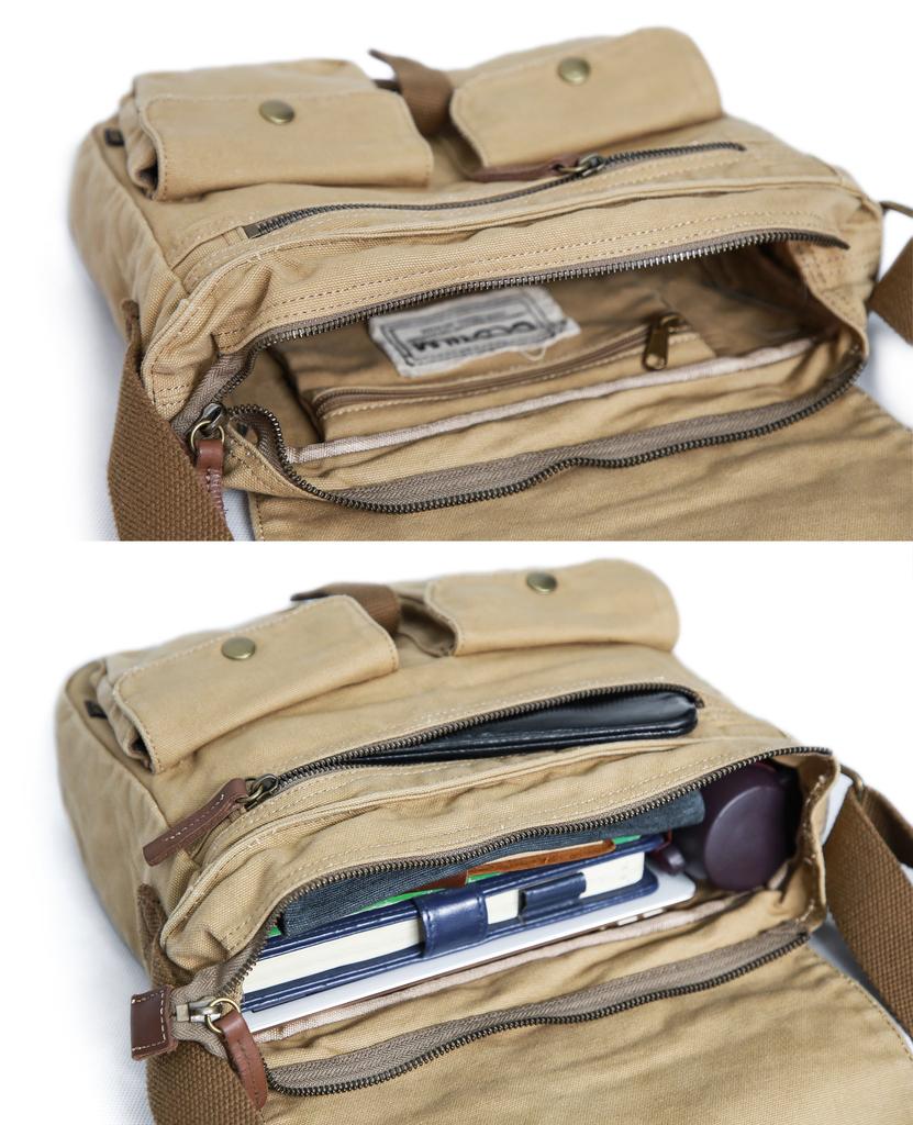 Gootium LM30624AMG Cotton Canvas Shoulder Bag Messenger Bag Unisex Khaki