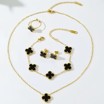 13mm Trendy Four-Leaf Clover Set Titanium Steel Necklace Earrings Bracelet and Ring Set