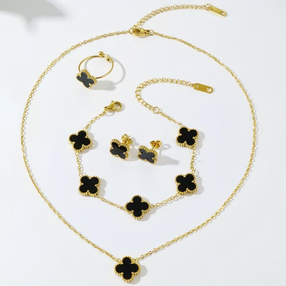 13mm Trendy Four-Leaf Clover Set Titanium Steel Necklace Earrings Bracelet and Ring Set