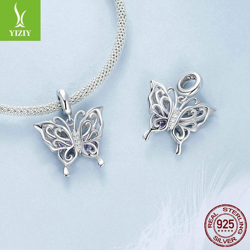 Vintage Hollow Butterfly Diy Pendant Accessories, Purple Love S925 Sterling Silver Bracelet Beaded