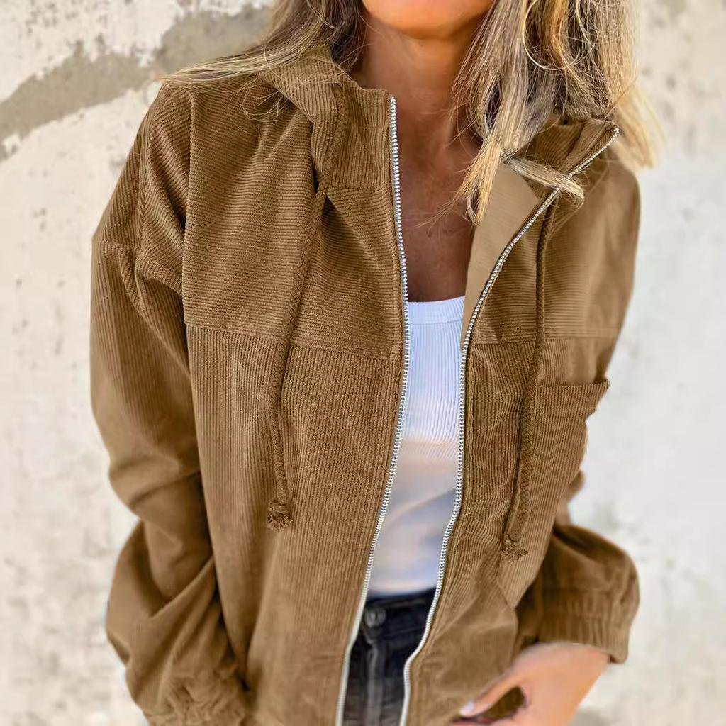 Women's Corduroy Hooded Jacket with Zip Front In Dark Grey, Khaki, Pink, and Blue