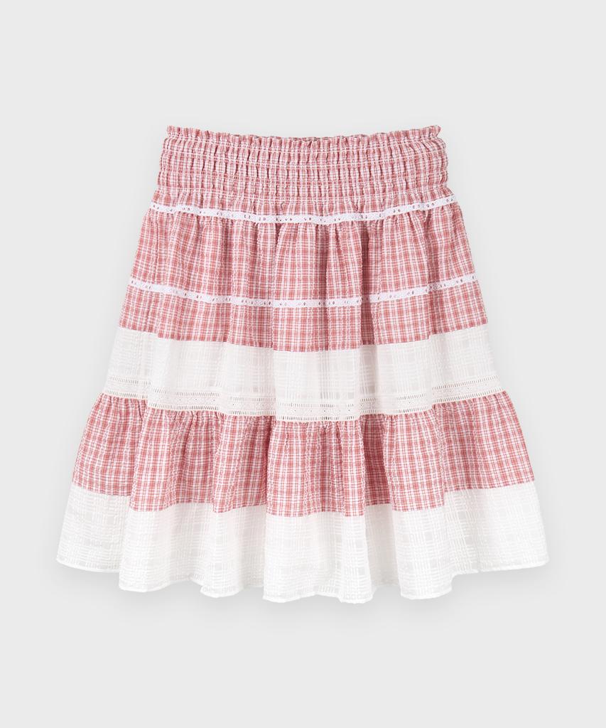 Sinun Smocking Color Block Flare Skirt (Red)