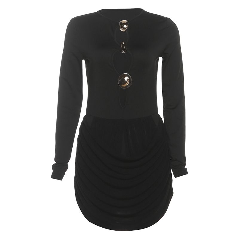 

# Sisjuly# European and American Elegant Charming Girl Ring Buckle Hollow Design Pleat Stacking Long sleeve dress Women Summer Black S