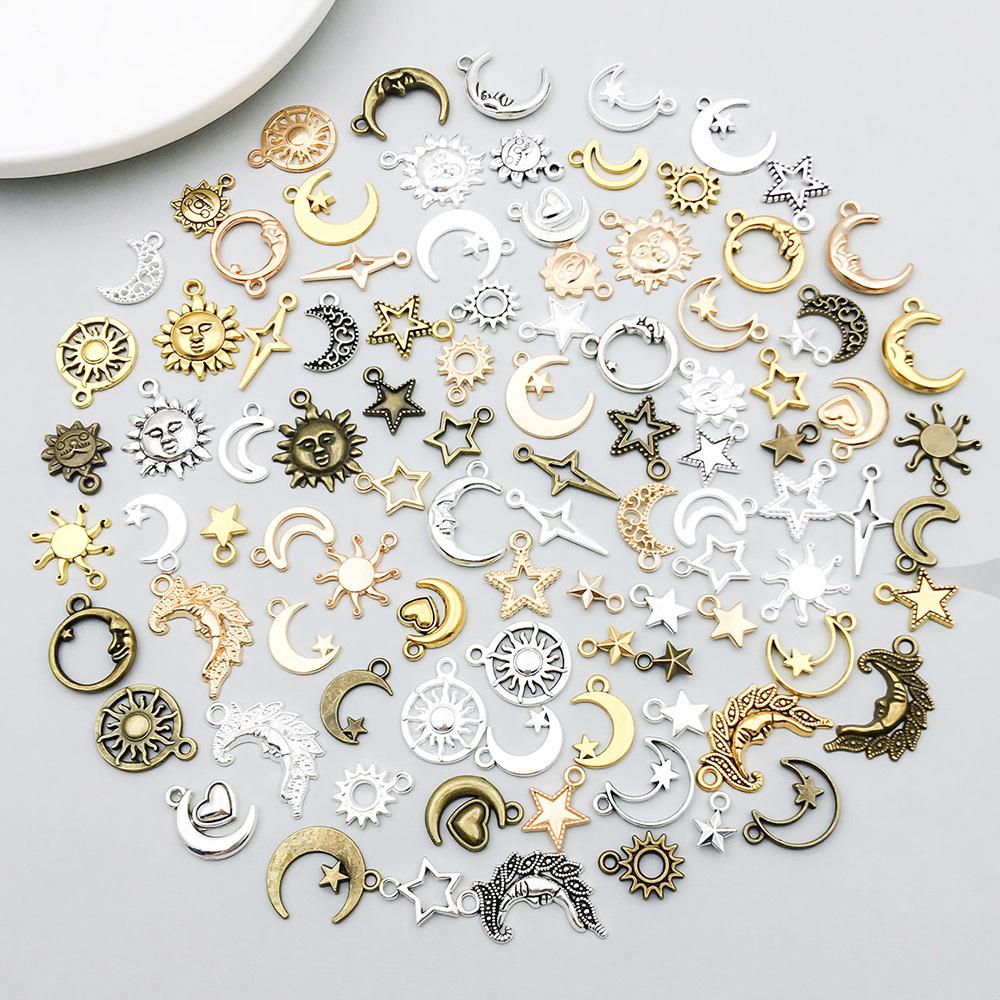 100-Piece Five-Color Alloy Sun, Moon, and Star Pendant Charms for DIY Jewelry