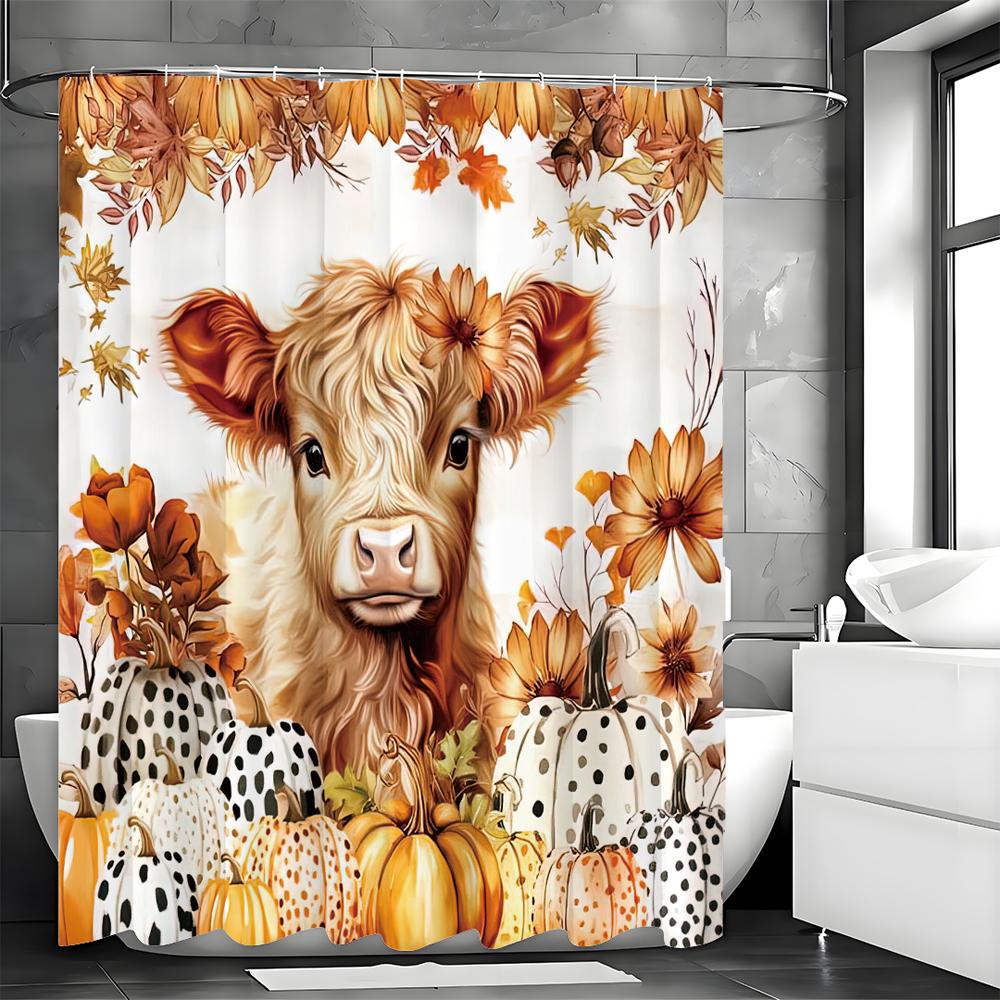 Fall Harvest Pumpkin Calf Floral Shower Curtain, Bathroom Decorative Shower Curtain, Waterproof Shower Curtain with Hooks