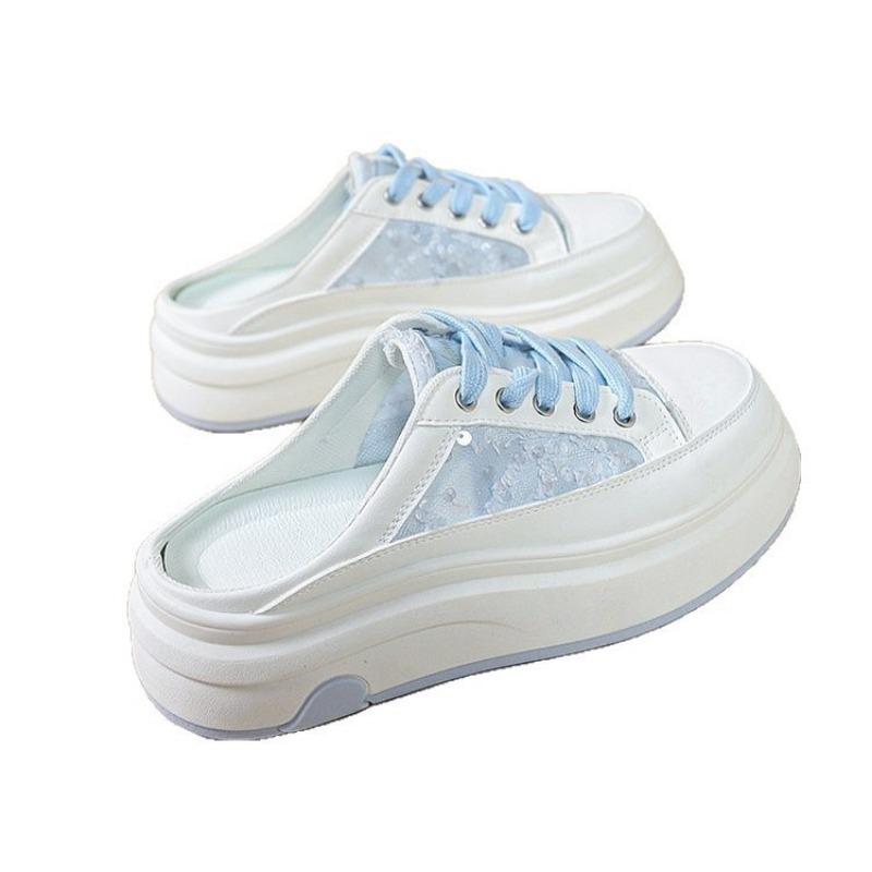 Lace sequined mesh breathable half slippers women's thick sole heightening soft baseplate shoes summer new shoes women's shoes