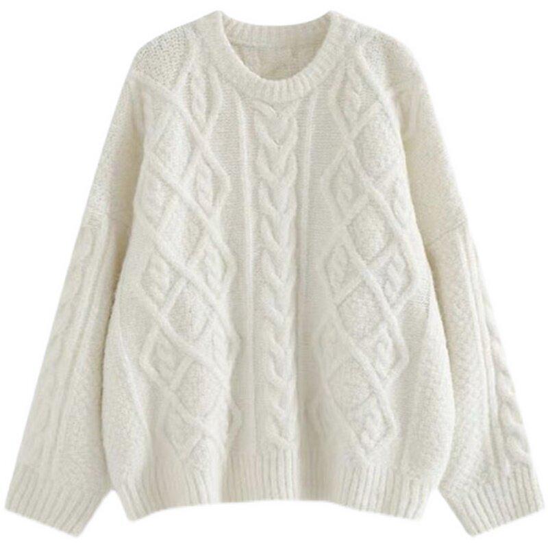 Women's Milky White Round Neck Knit Sweater - Loose, Soft, and Versatile for Autumn/Winter