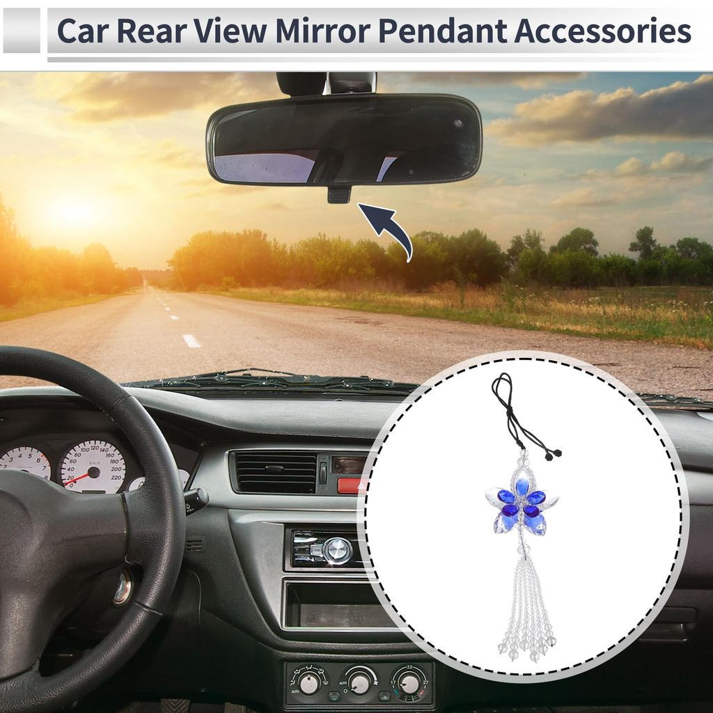 Partuto 1pcs Artificial Crystal Flower Car Rear View Mirror Pendant Accessories Car Hanging Ornament Blue