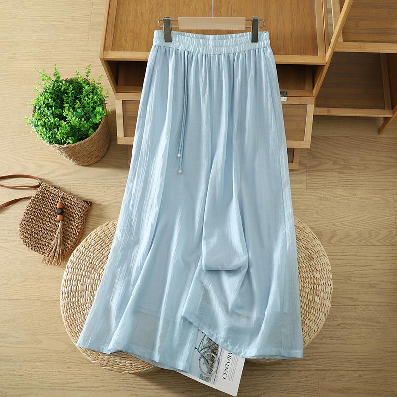 DIMANAF Plus Size 2026 Women Linen Pants Elastic Waist Vintage Basic Lady Solid Lace Wide Leg Long Pants Oversize Loose Tencel