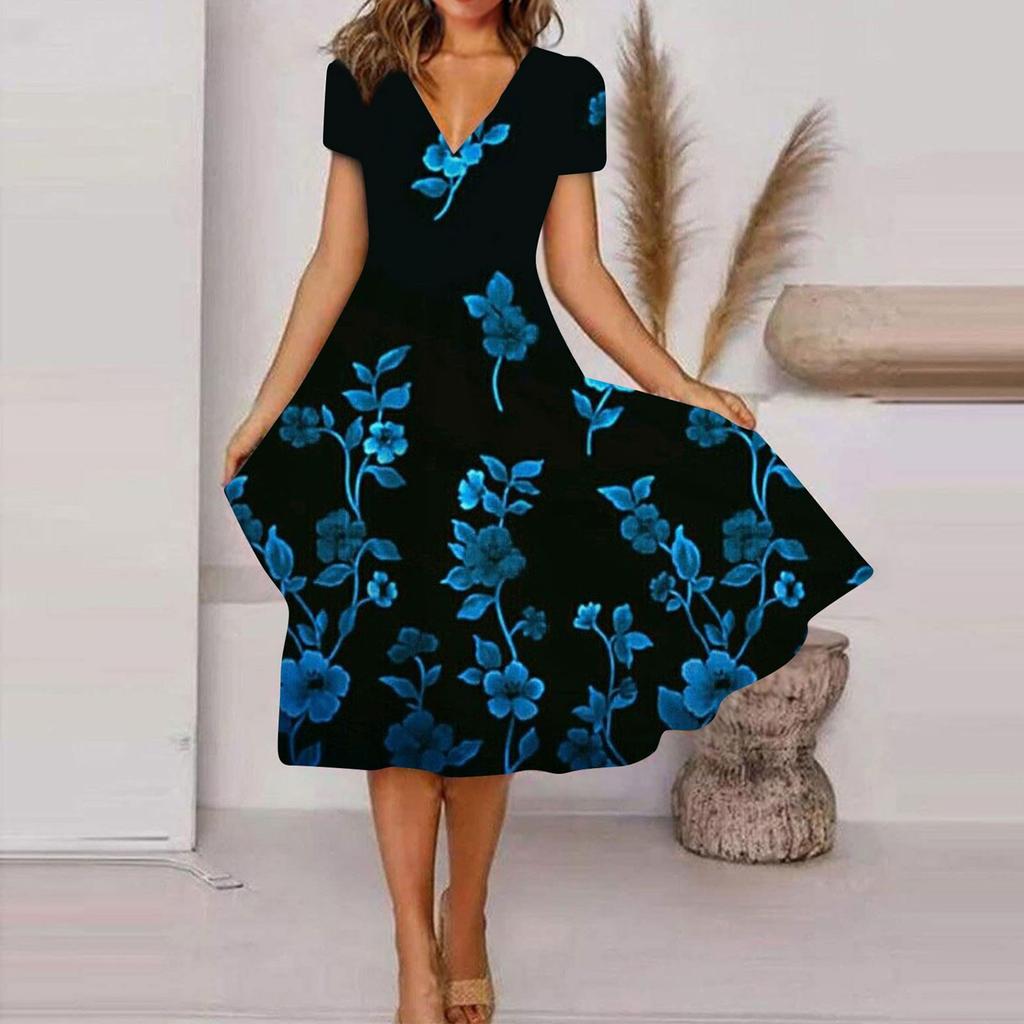 Abito Casual da Donna Estivo Casual Manica Corta Scollo a V Boho Vita Arricciata Stampato