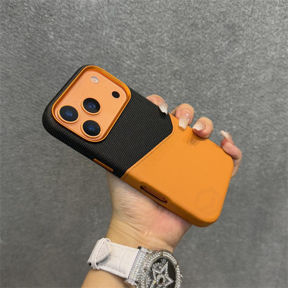 For 17pro Orange Hit Color Card Case For For Iphone 17 1 16 Pro Max 14 13 12 Magnetic Wireless Charge Flax Leather Cover
