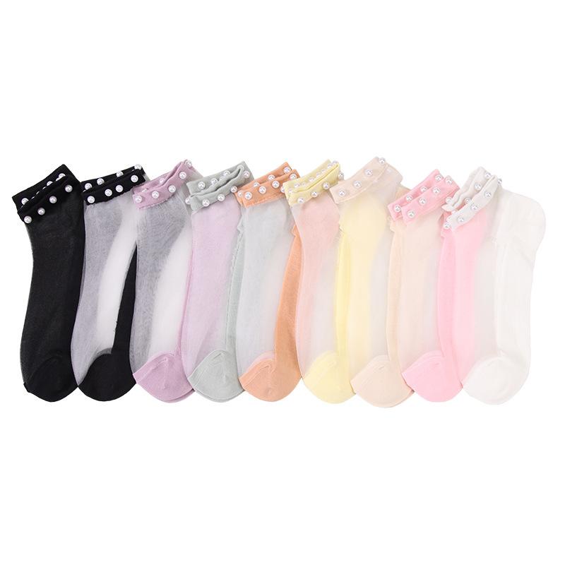 5 Pairs Pearl Socks Women's Socks Light Lace Summer Thin Mesh Transparent Glass Silk Crystal Socks