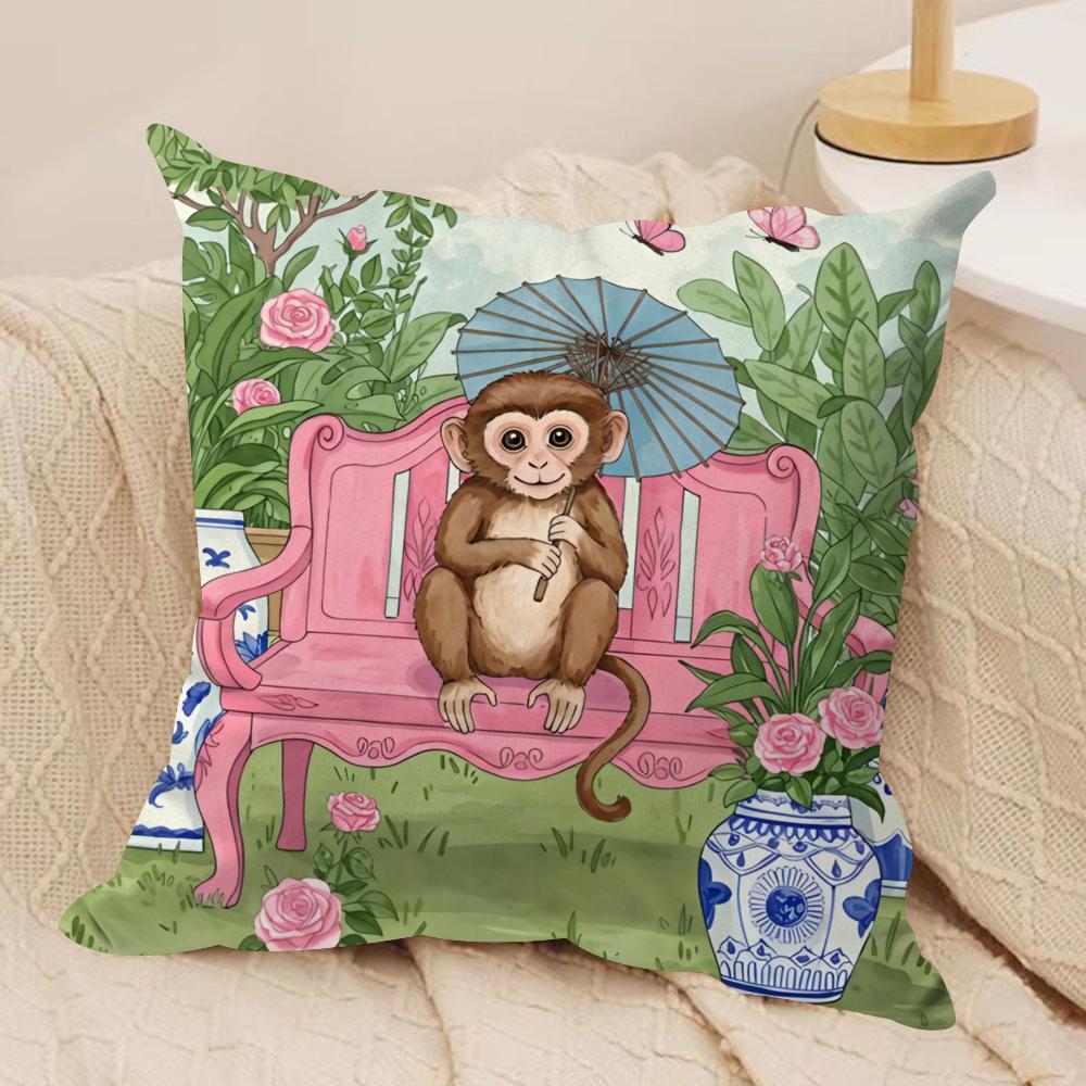 Monkey in chinoiserie garden Cushion Cover Soft Plush Fabric DoubleSided Printed Cushion Covers for All Seasons Home Decor