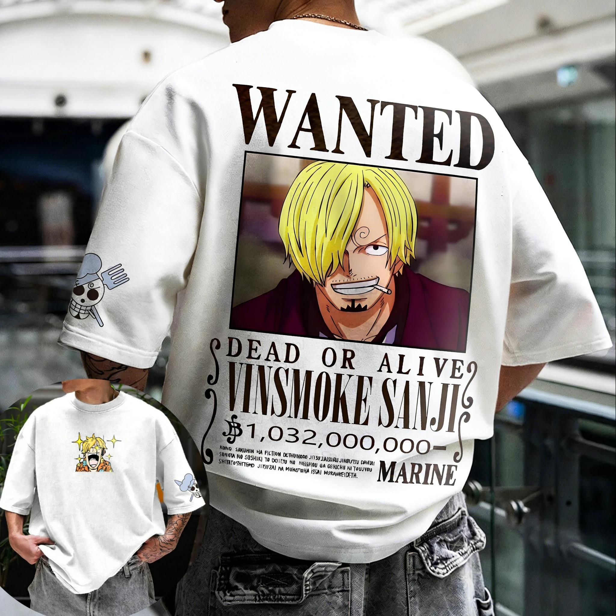 One Piece Vinsmoke Sanji Wanted Poster Graphic T-Shirt, Unisex Oversized Streetwear Casual Cotton Short Sleeve T-shirt 4XL