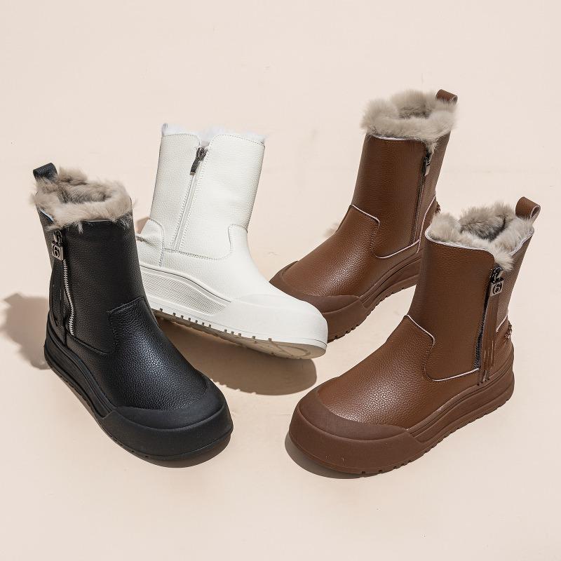 Snow boots women's winter new thick velvet warm thick bottom heightening real hair short boots Korean version versatile casual