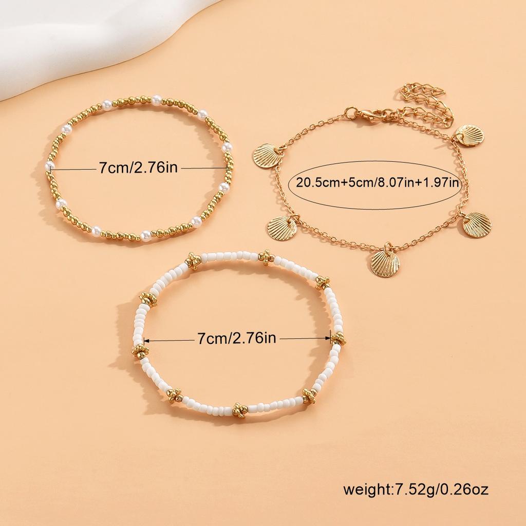 3pcs/Set White Pearl Tassel Sea Star Shell Pendant Anklet Gold Color Multilayer Women Foot Jewelry, Suitable For Daily Wear And Vacation