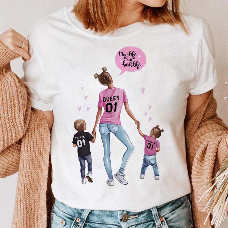 Maycaur Women Cartoon Mom Mother Boy Girl Print Mother Lady T-shirts Casual Top T Shirt Ladies Womens Graphic Female Tee T-Shirt