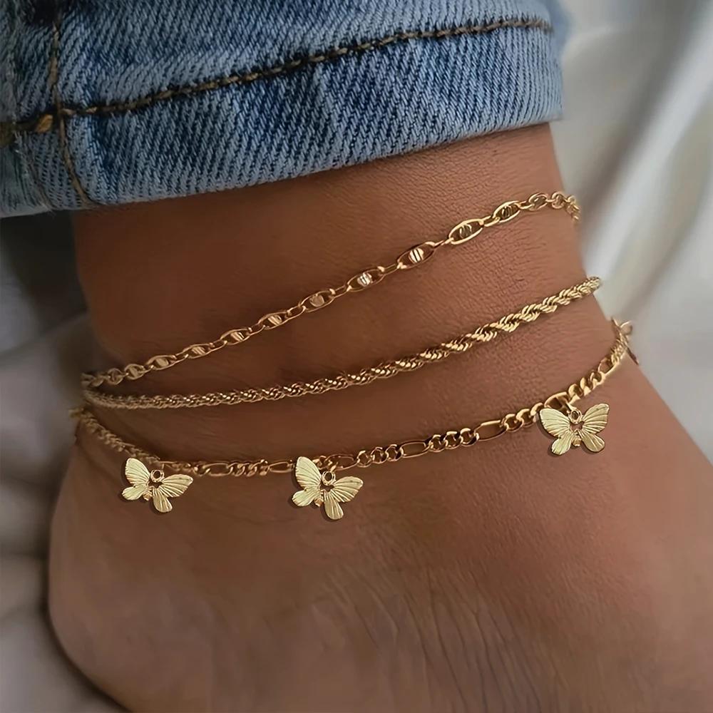 1-3ks Jednoduchý Kovový Reťazový Anklet s Príveskom Motýľa pre Ženy Nastaviteľný Vrstvený Vintage Minimalistický Plážový Anklet Set Šperky na Nohy