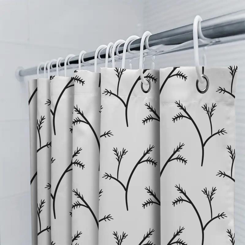 Modern Black Tree Branches Print Shower Curtain For Bathroom Decor White With Green Trim