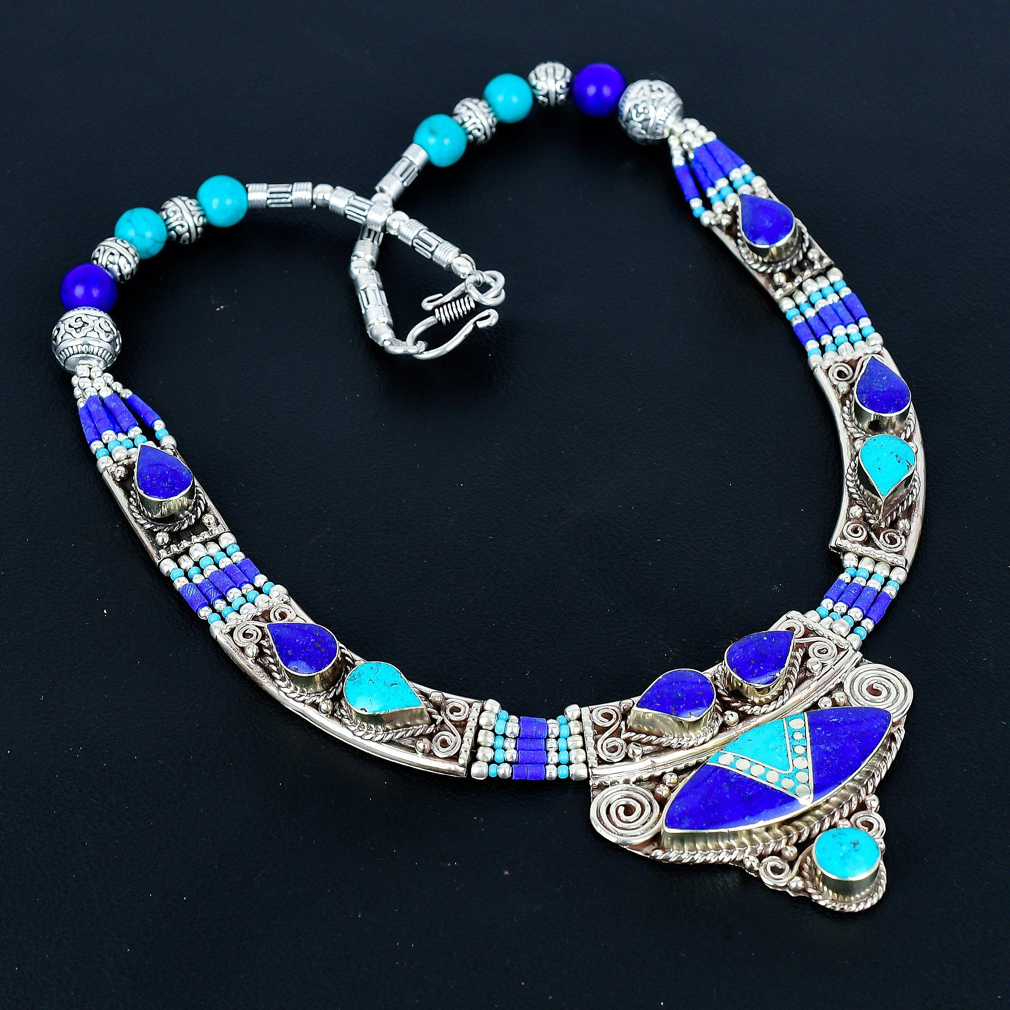 

Бирюза, Лазурит Ожерелье из стерлингового серебра 925 пробы Ожерелье из тибетского серебра Богемное антикварное ожерелье Ювелирные изделия ручной работы Непальское ожерелье Подарок для жены 20 синий