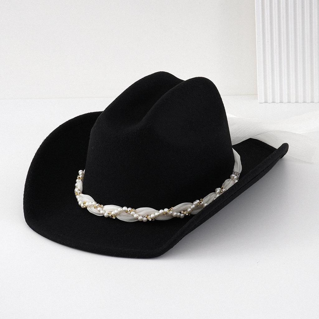 Women's Bridal Top Hat with Pearl & Gold Ribbon - Festival Cowboy Hat