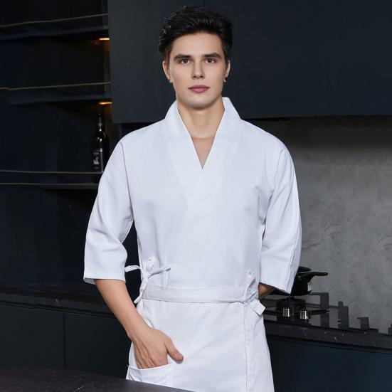 Chef Uniform with Apron Adjustable Waist Strap Unisex V-Neck Crossover Style Chef Jacket Professional Kitchen Workwear