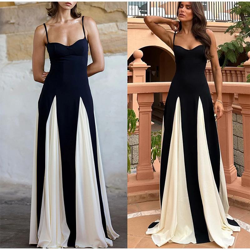 Fashion Contrasting Color Spaghetti Strap Dress for Women Elegant Gauze Backless A-line Long Dresses New Lady Party Evening Dresses